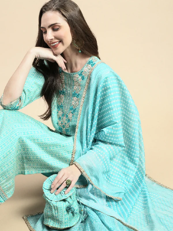 Women Striped Sea Green Straight Kurta Set with Dupatta and Potli Bag-GW-3687-Seagreen