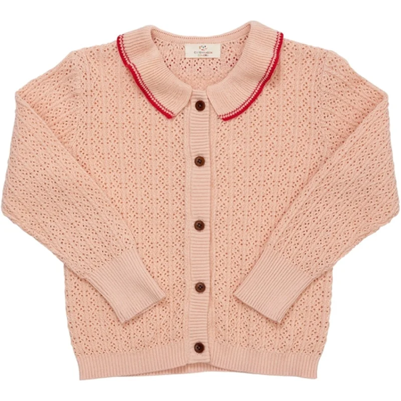 Copenhagen Colors Dusty Rose/Red Comb. Pointelle Cable Knit Cardigan w. Collar