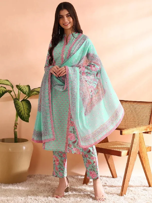 Ahika Women Turquoise Blue Poly Rayon Floral Printed Straight Kurta Trousers With Dupatta-PKSKD2572BLU