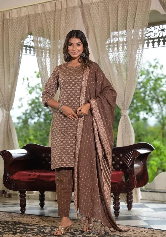 Brown Geometric Printed Cotton Kurta Pant Set With Tassels On Dupatta-J4755BROWN