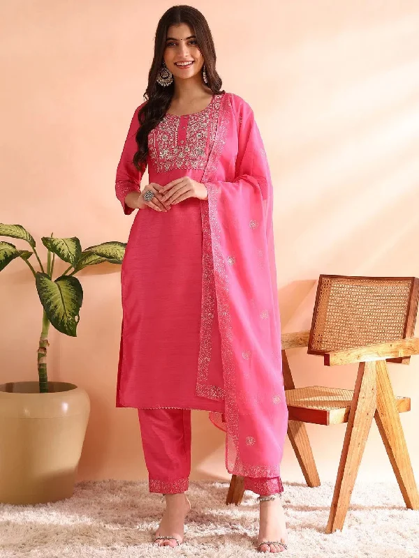 Ahika Women Pink Silk Blend Solid Embroidered Straight Kurta Trousers With Dupatta-PKSKD2528PNK