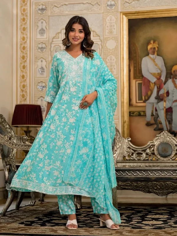 Juniper Green Floral Printed Liva Rayon Kurta, Pant And Dupatta Set With Thread & Sequins Work-J4850RAMAGREEN