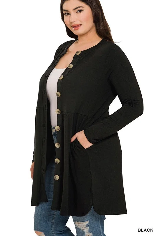 Shirred Waist Buttoned Cardigan