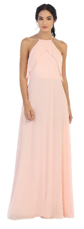 Long Bridesmaids Ruffle Halter Chiffon Dress Sale