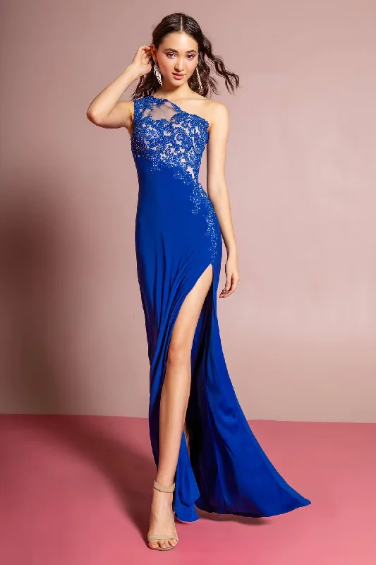 Long Formal One Shoulder Prom Dress with Side Slit