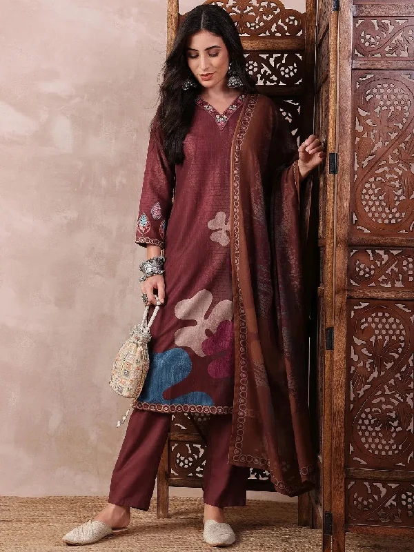 Ahika Women Brown Silk Blend Floral Printed Straight Kurta Trouser With Dupatta-PKSKD2552BRN