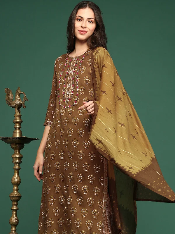 Women Floral Brown Straight Kurta Set with Dupatta-GW-3131-Brown