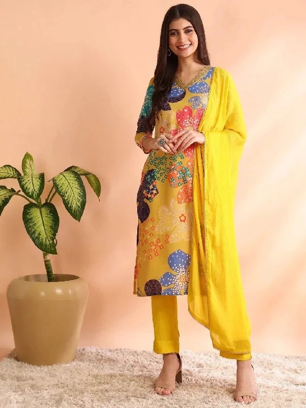 Ahika Women Yellow Cotton Blend Floral Printed Straight Kurta Trouser With Dupatta-PKSKD2492