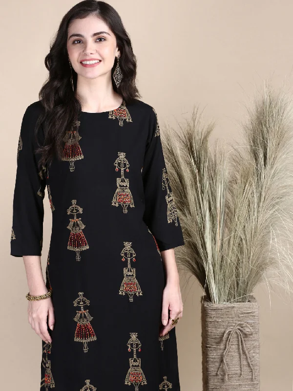 Women Tribal Black Straight Kurta Set-GW-343-Black