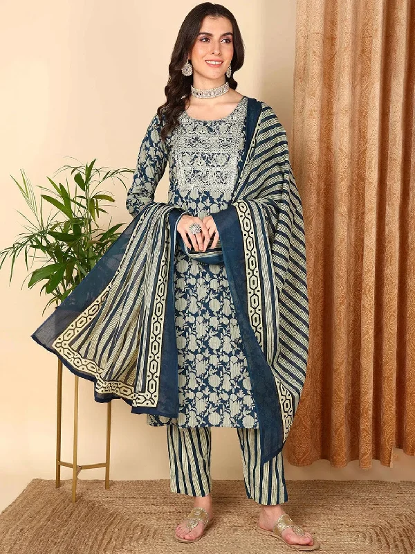 Ahika Women Navy Blue Rayon Blend Floral Embroidered Straight Kurta Trousers With Dupatta-VKSKD2212BLU