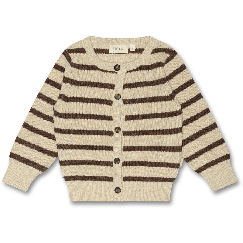 Petit Piao Off White/ Brown Melange Cardigan Knit Pattern Stripe