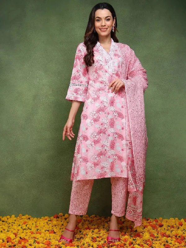 Ahika Women Pink Pure Cotton Floral Printed Straight Kurta Trouser With Dupatta-JPSKD1015PNK_M