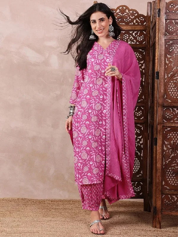 Ahika Women Pink Rayon Blend Floral Printed Straight Kurta Salwar With Dupatta-VKSKD2244