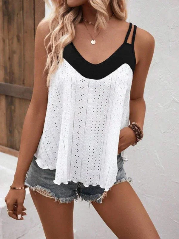 Trendy Eyelet Tank Top - Strappy Back, Thin Straps & Double Trim Cami