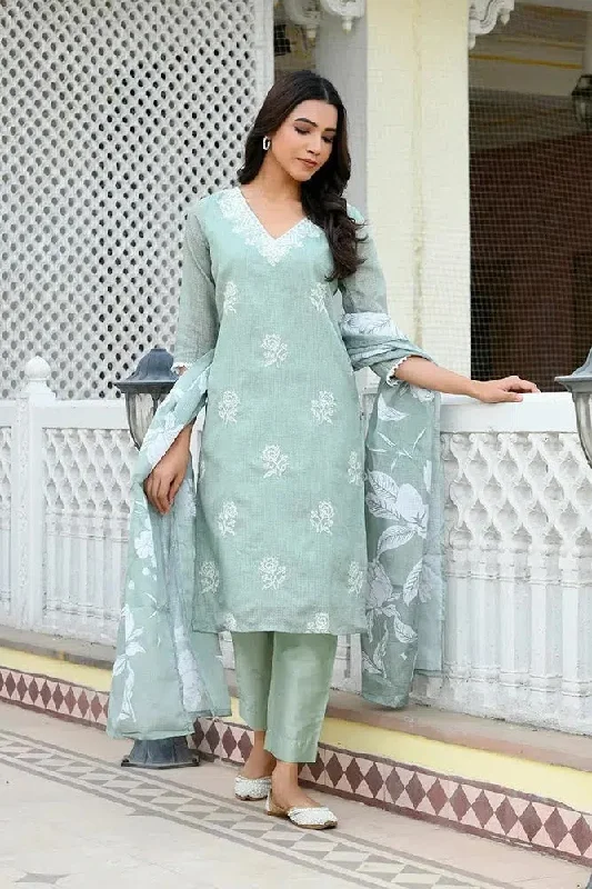 Vaasva Women Green Kota Doria Embroidered Solid Kurta Set With Solid Pants & Printed Dupatta-144-Vaas-Green