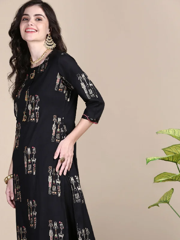 Women Tribal Black Straight Kurta Set-GW-4476-Black