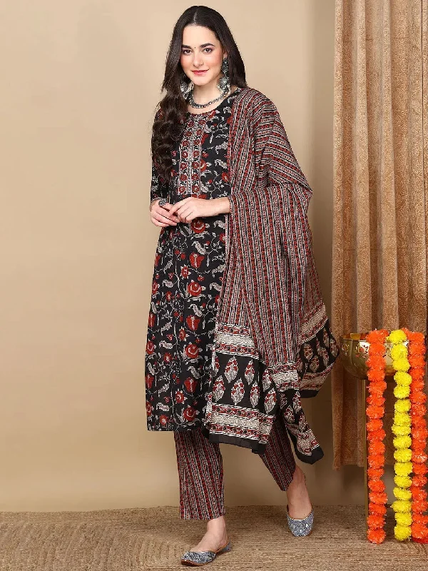 Ahika Women Black Rayon Blend Floral Printed Straight Kurta Trousers With Dupatta-VKSKD2234