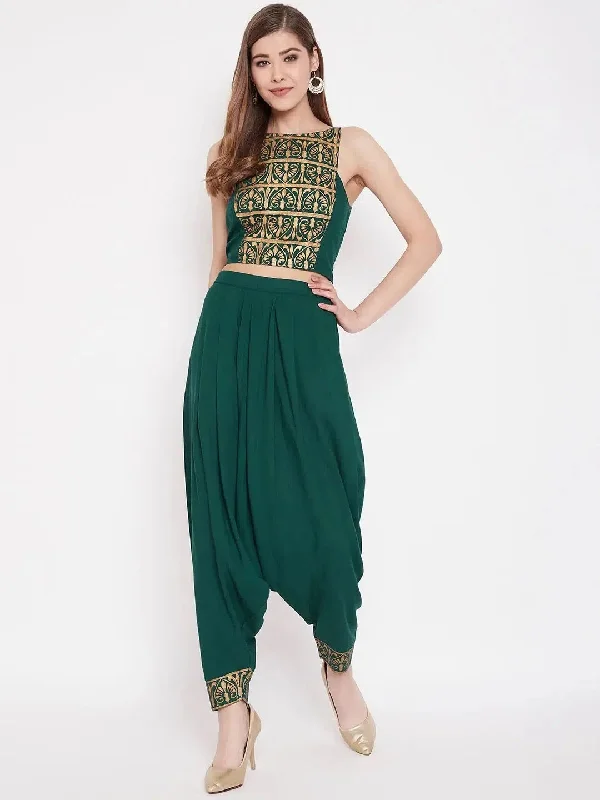 In cut crop top with low crotch dhoti in Bottle Green