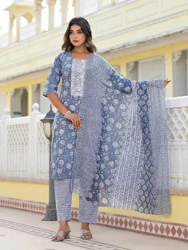 Juniper Grey Ethnic Motif Printed Cotton Kurta, Pant And Dupatta Set With Thread & Zari Work-J4846GREY_OF