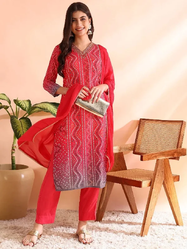 Ahika Women Red Silk Blend Bandhani Printed Straight Kurta Trousers With Dupatta-PKSKD2484