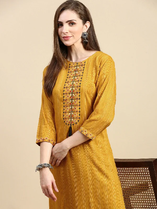 Women Striped Mustard Straight Kurta Set-GW-842-Mustard