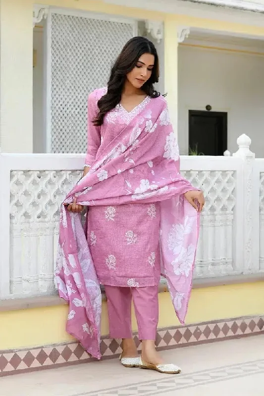 Vaasva Women Pink Kota Doria Embroidered Solid Kurta Set With Solid Pants & Printed Dupatta-144-Vaas-Pink