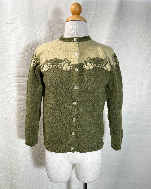 Vintage 50s Two Tone Green Embroidered Cardigan Sweater, Preteen or Small Female XS/S