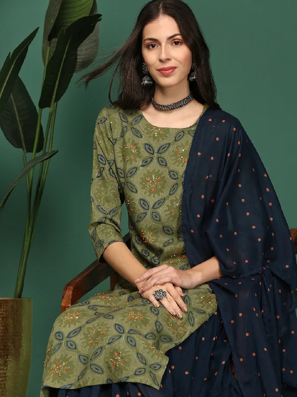 Women Floral Green Straight Kurta Set with Dupatta-GW-776-Green