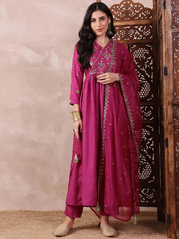 Ahika Women Pink Silk Blend Solid Embroidered A-Line Kurta Trouser With Dupatta-PKSKD2411