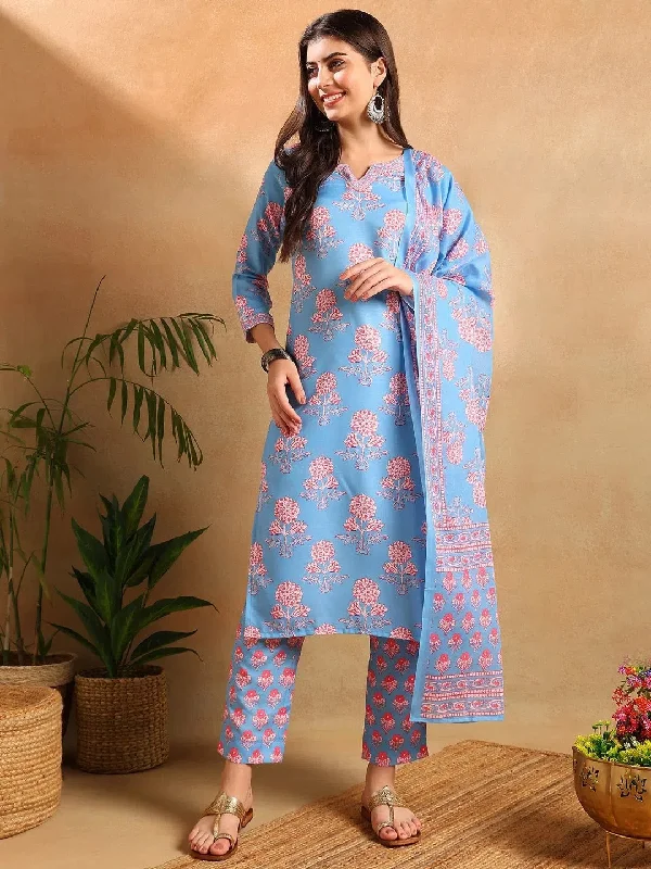 Ahika Women Blue Rayon Blend Floral Printed Straight Kurta Trousers With Dupatta-VKSKD2261