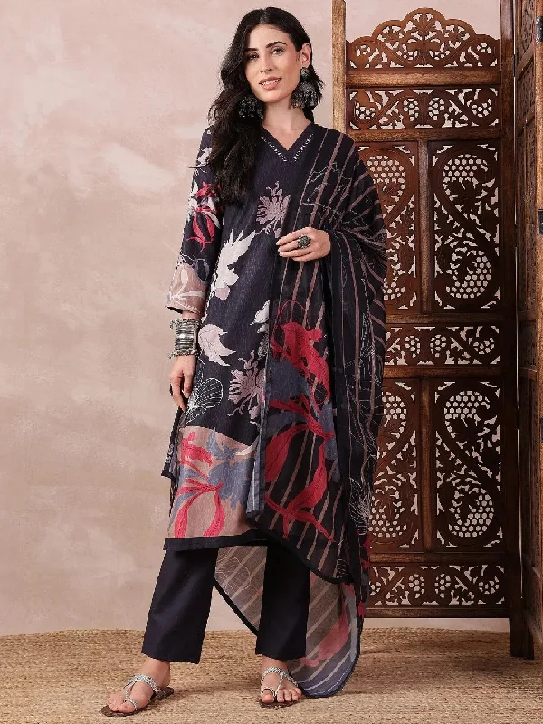 Ahika Women Black Silk Blend Floral Printed Straight Kurta Trouser With Dupatta-PKSKD2543BLK