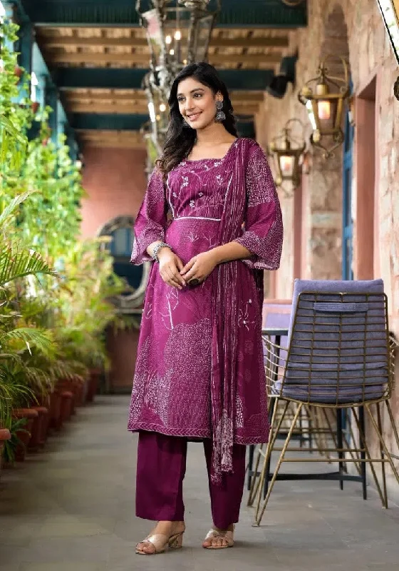 Wine Abstract Printed Liva Rayon A-Lined Kurta Pant And Dupatta Set With Doris At Waist-J4675WINE