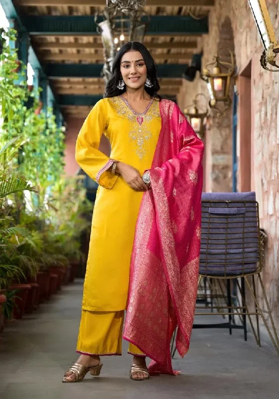 Mustard Zari Embroidered Viscose Kurta Pant And Dupatta Set With Mirror Work-J4795MUSTARD