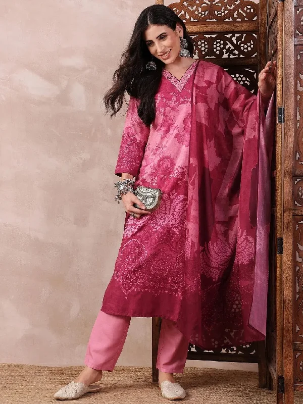 Ahika Women Pink Silk Blend Ethnic Motifs Printed Straight Kurta Trouser With Dupatta-PKSKD2551PNK