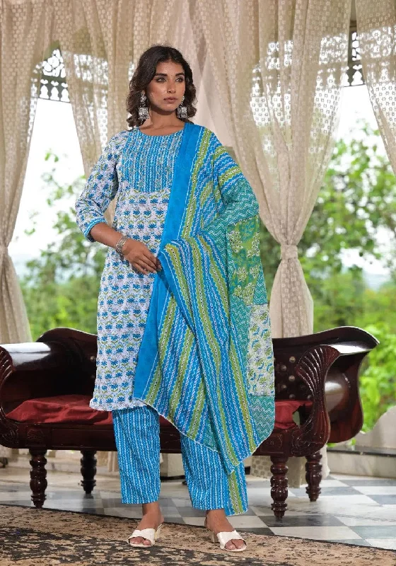 Sky Blue Ethnic Motif Printed Cotton Kurta, Pant And Dupatta Set With Zari & Mirror Work-J4916OT3SKYBLUE