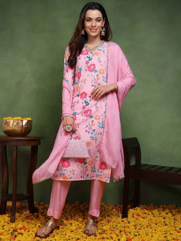 Ahika Women Pink Cotton Blend Floral Printed Straight Kurta Trouser With Dupatta-PKSKD2510PNK_XS