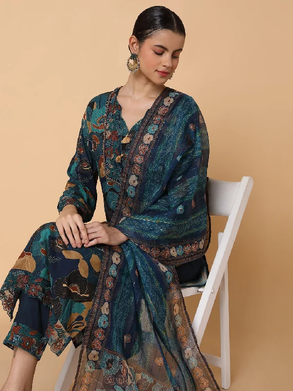 Women Floral Teal Straight Kurta Set with Dupatta-GW-4613-Teal