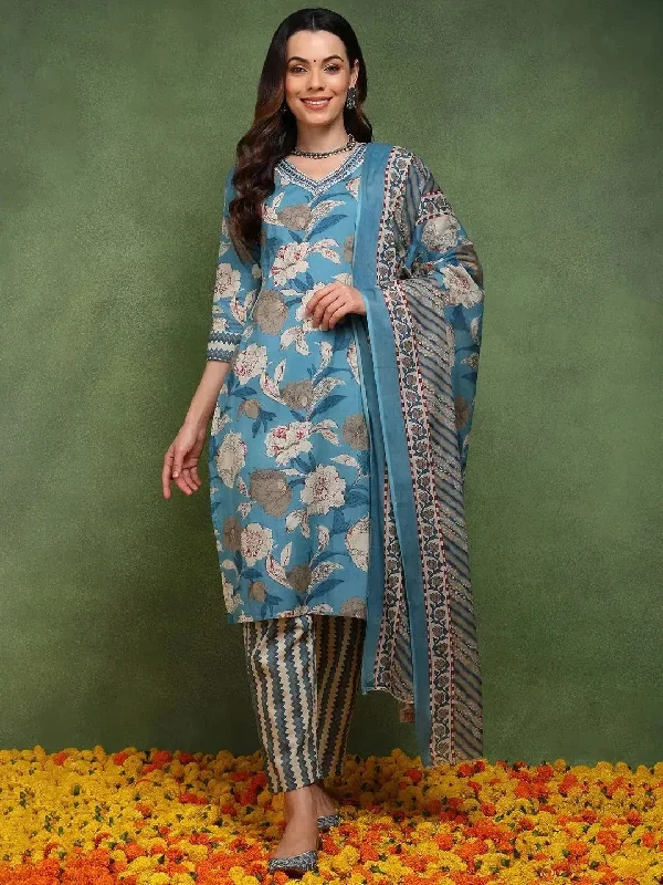 Ahika Women Blue Pure Cotton Floral Printed Straight Kurta Trouser With Dupatta-JPSKD1047BLU_M