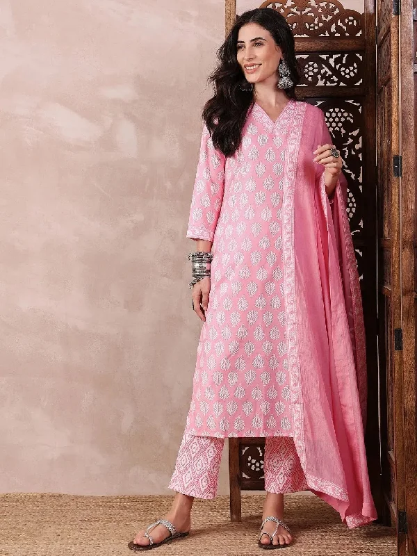 Ahika Women Pink Rayon Blend Floral Printed Straight Kurta Trouser With Dupatta-VKSKD2242