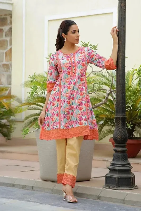 Vaasva Women Lemon Embroidered Printed  Kurta Set With Laced Solid Pants-140-Vaas-Carrot