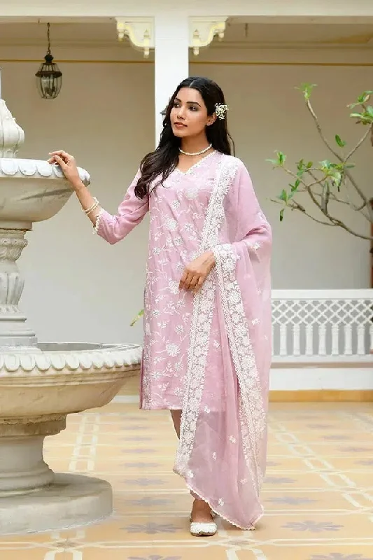 Vaasva Women Pink Linen Embroidered Solid Kurta Set With Solid Pants & Chiffon Embroidered Dupatta-142-Vaas-Palepink