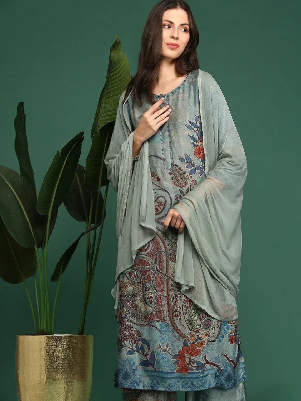 Women Floral Grey Straight Kurta Set with Dupatta-UB-3222-Grey