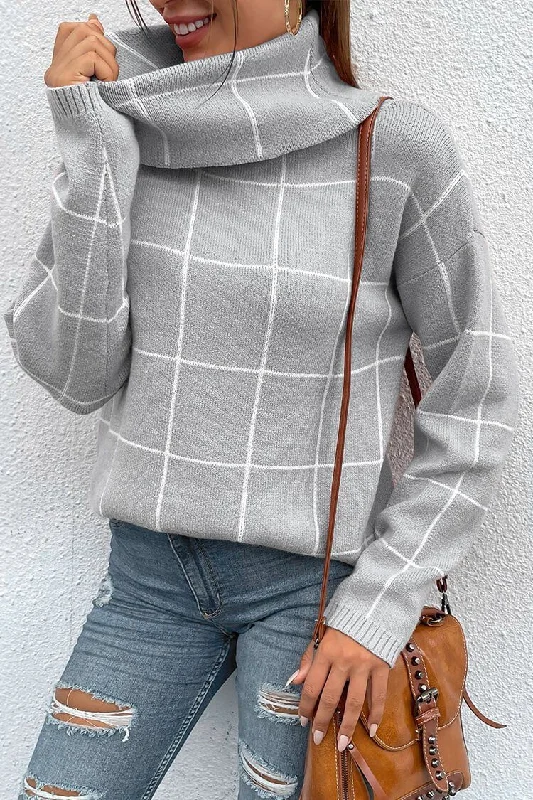 Long Sleeve Drop Shoulder Plaid Side Split Knit Sweater