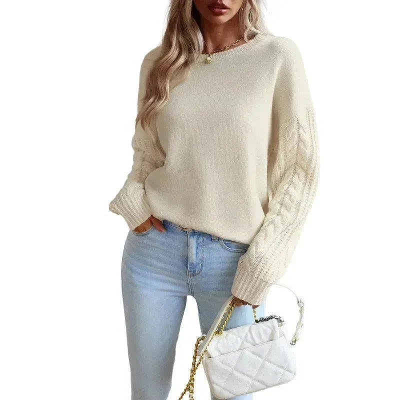 European and American round neck women's long sleeved knitted sweater