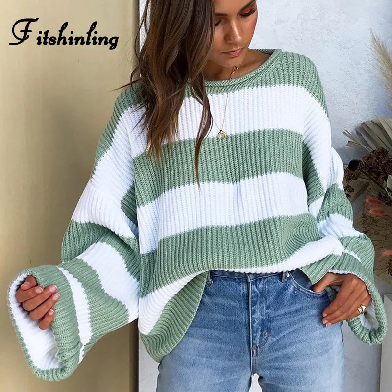 Fitshinling Striped Loose Ladies Sweater Pullover 2019 Autumn Winter New Arrival Green Jumpers Knit Sweaters Women Pull Femme