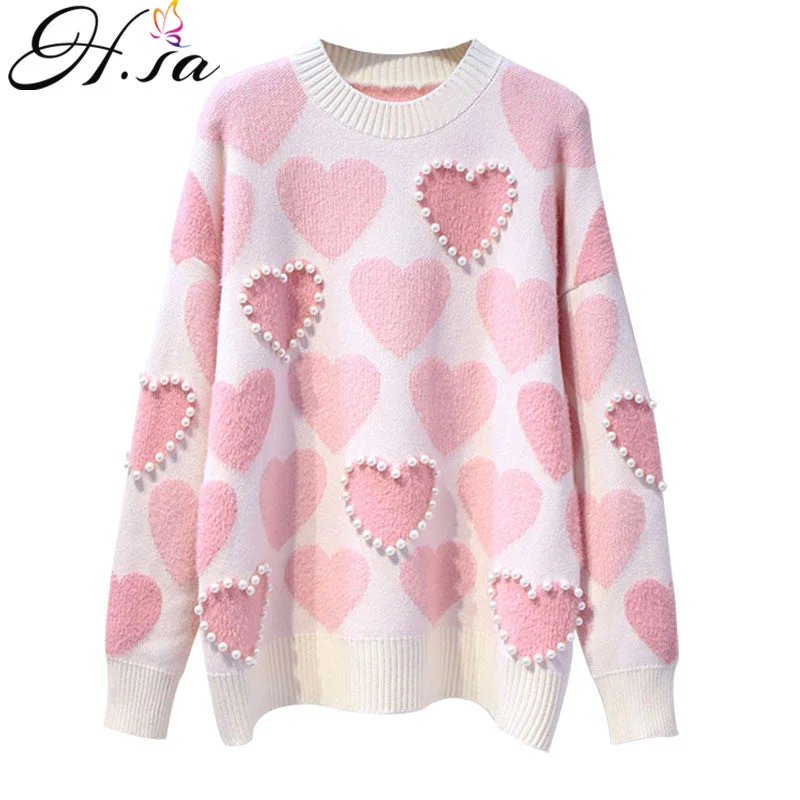 H.SA Women Knitted Sweater and Pullovers Oneck Pearls Beading Sweaters Sweet Heart Pull Jumpers Long Sleeve Kawaii Pull Femme