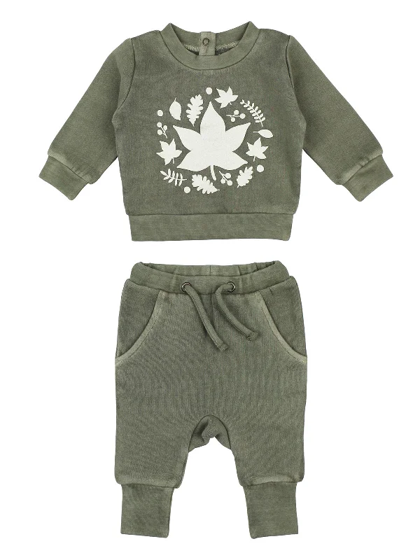 Organic Cozy Graphic Sweatshirt & Jogger Set, Hunter Leaves