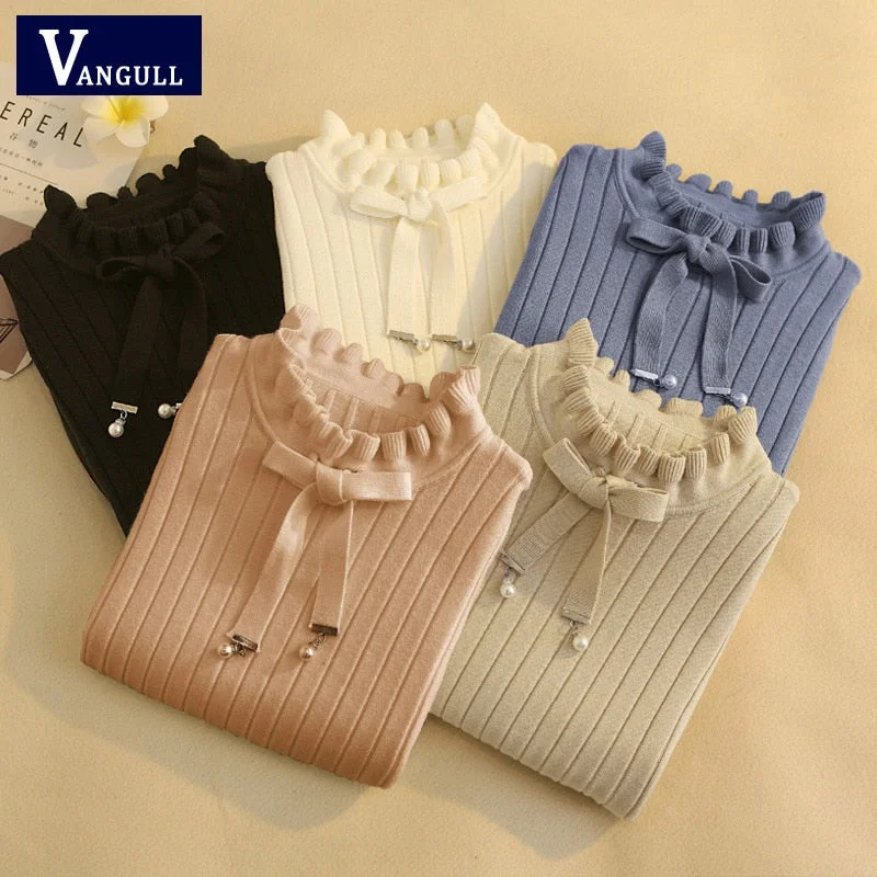 Vangull Casual Spring Slim Sweater Winter Knitted Sweater New Lace Up Flare Long Sleeve Ruffle Knitting Pullover Women Sweaters