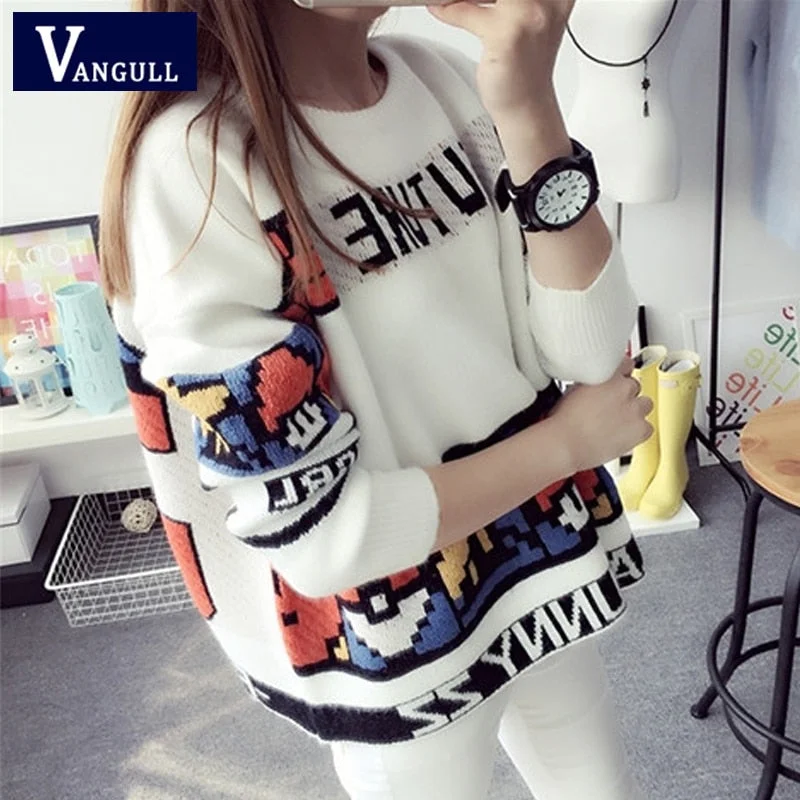 Vangull Letter Print Sweater Preppy Style Knitted Pullovers 2019 Autumn Fashion Long Sleeve O-Neck Women Sweaters and Pullovers