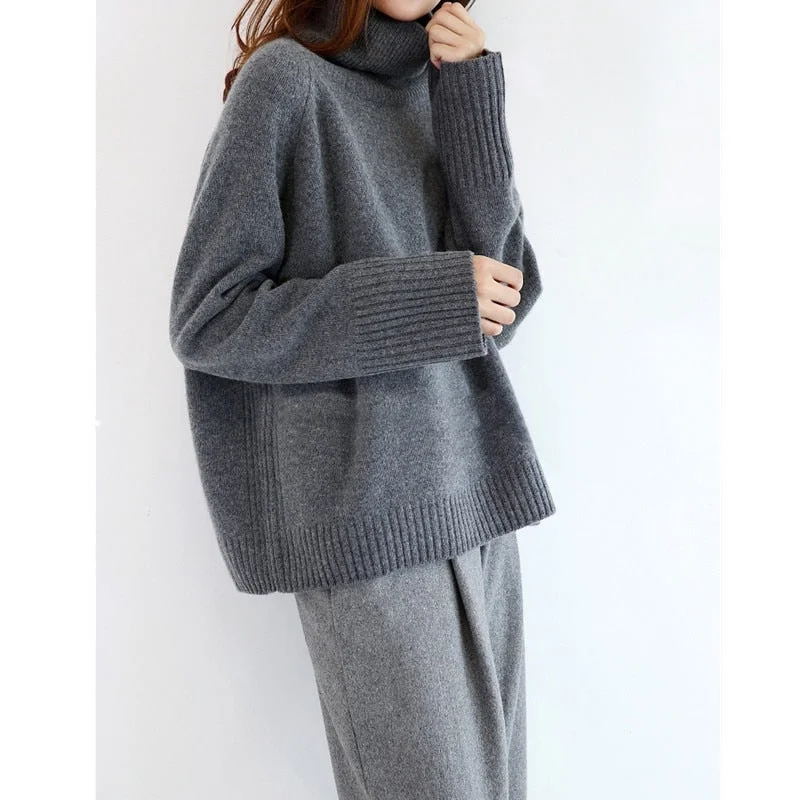 Winter New Fashion Cashmere Wool Women Warm Solid Sweaters Casual Full Sleeve Turtleneck Loose Pullovers Computer Knitt